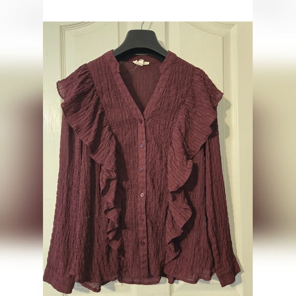 entro Tops - Entro Plisse Ruffle Blouse - Wine Long Sleeve Guazy Semi Sheer Lightweight Sz S